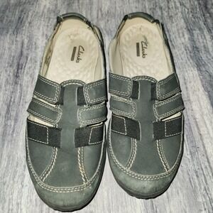 Clarks Collection Women's Gray Leather Upper Slip On Comfort Casual  Haley Shoes